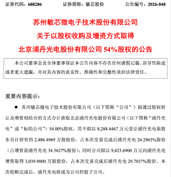 进军光纤陀螺仪领域,敏芯股份拟1.77亿收购浦丹光电54%股权